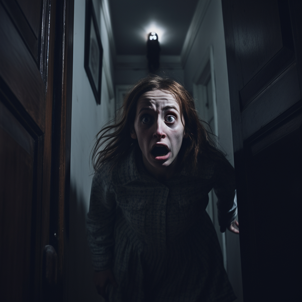 Woman Scared in a Hallway