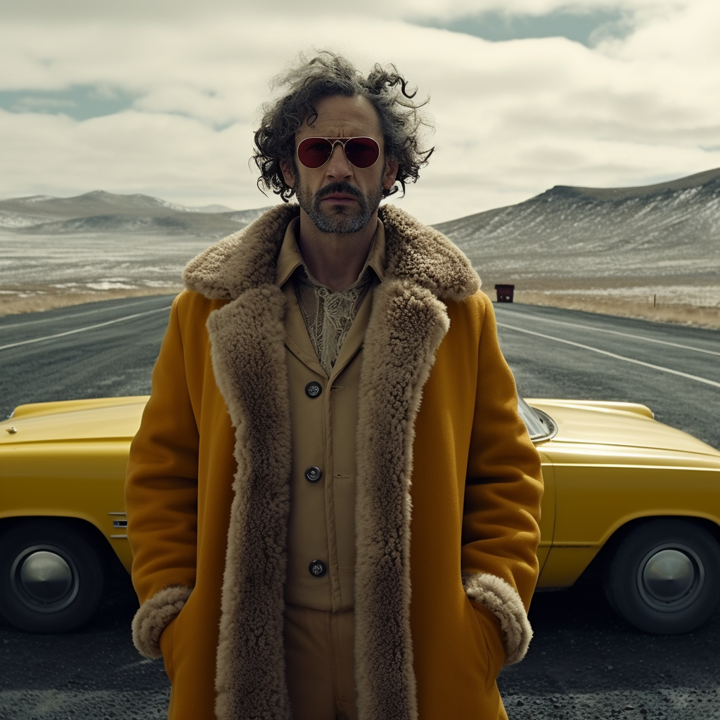 Man standing next to a car in the middle of an empty road.